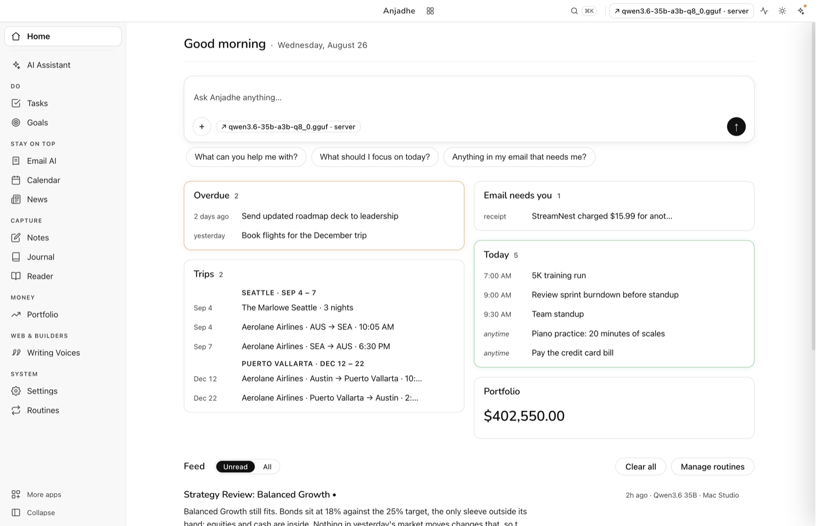 Anjadhe's home page: greeting, composer, and widgets for overdue tasks, email, today, trips and portfolio